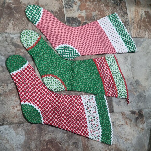Christmas Stockings Set of 3 Cotton Fabric Festive Red White Green Patterns - Picture 9 of 10
